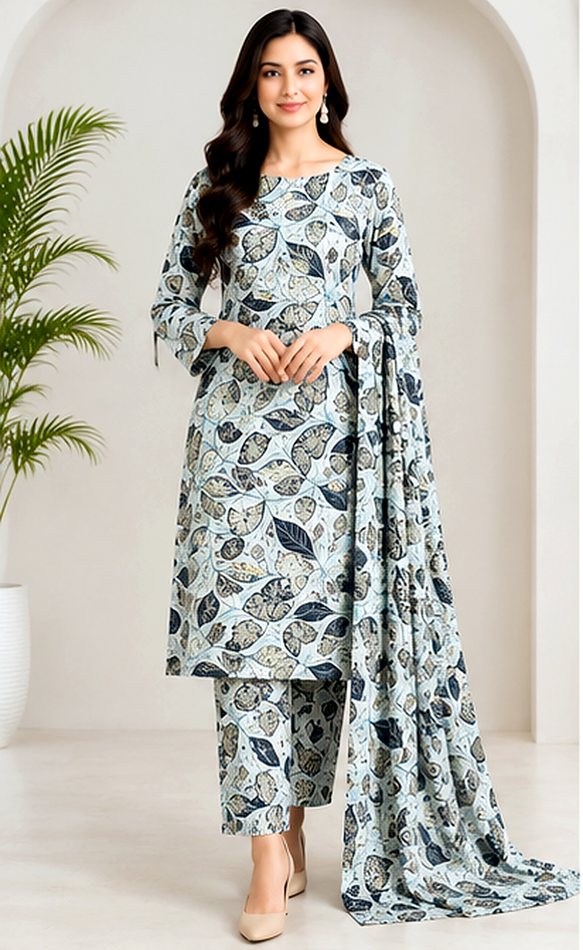 Blue & White Printed Khaddar 2-Piece Suit – Winter Collection