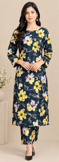 Teal Khaddar 2-Piece Suit with Yellow Floral Print – Winter Collection