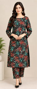 Black Khaddar 2-Piece Suit with Red &amp; Teal Mosaic Print – Winter Collection