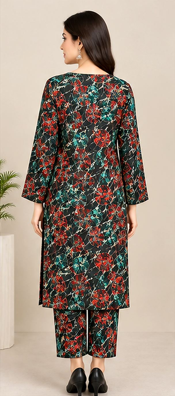 Black Khaddar 2-Piece Suit with Red &amp; Teal Mosaic Print – Winter Collection
