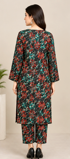 Black Khaddar 2-Piece Suit with Red &amp; Teal Mosaic Print – Winter Collection