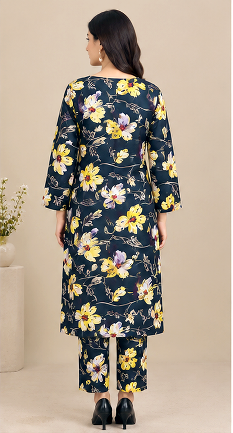 Teal Khaddar 2-Piece Suit with Yellow Floral Print – Winter Collection