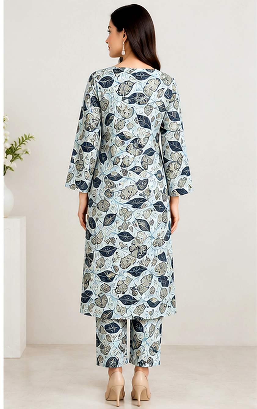 Blue & White Printed Khaddar 2-Piece Suit – Winter Collection