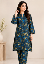 Navy Blue Khaddar 2-Piece Suit with Golden Floral Print – Winter Collection