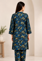 Navy Blue Khaddar 2-Piece Suit with Golden Floral Print – Winter Collection