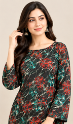 Black Khaddar 2-Piece Suit with Red &amp; Teal Mosaic Print – Winter Collection