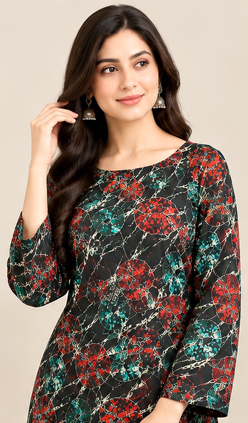 Black Khaddar 2-Piece Suit with Red &amp; Teal Mosaic Print – Winter Collection
