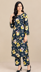 Teal Khaddar 2-Piece Suit with Yellow Floral Print – Winter Collection