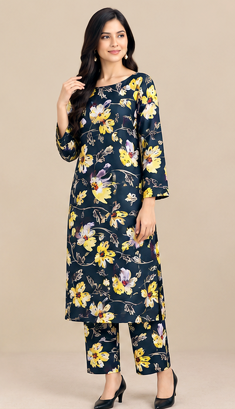 Teal Khaddar 2-Piece Suit with Yellow Floral Print – Winter Collection