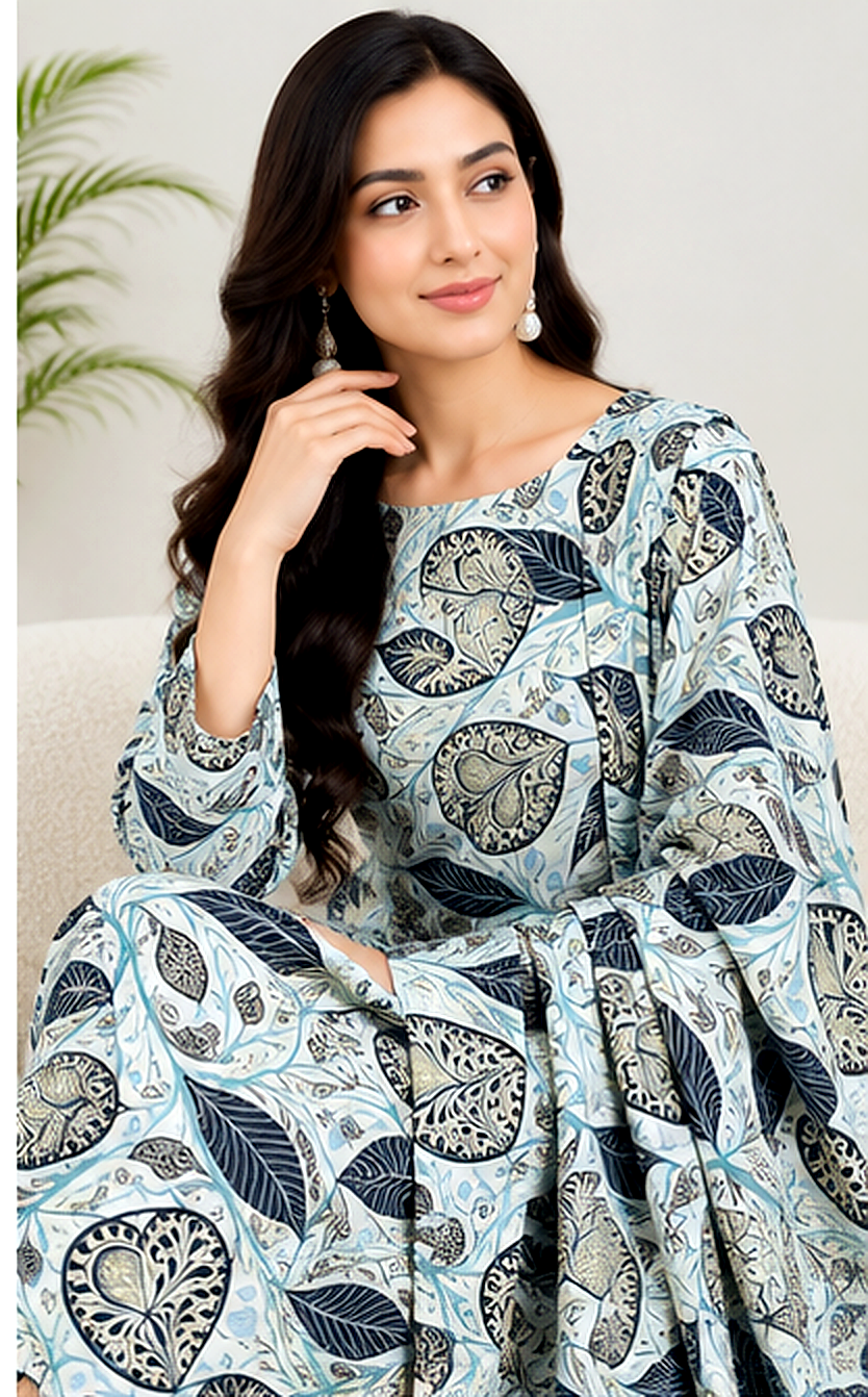 Blue & White Printed Khaddar 2-Piece Suit – Winter Collection