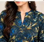 Navy Blue Khaddar 2-Piece Suit with Golden Floral Print – Winter Collection
