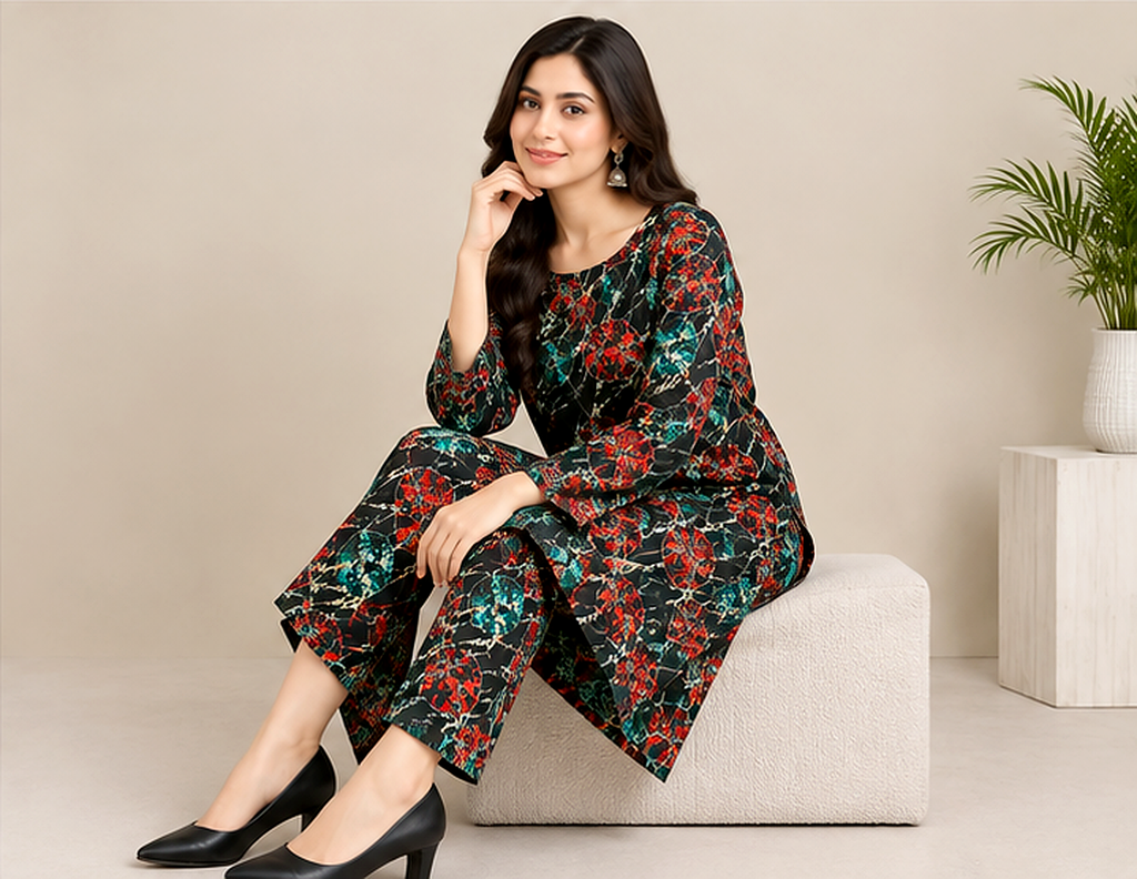 Black Khaddar 2-Piece Suit with Red &amp; Teal Mosaic Print – Winter Collection
