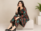 Black Khaddar 2-Piece Suit with Red &amp; Teal Mosaic Print – Winter Collection