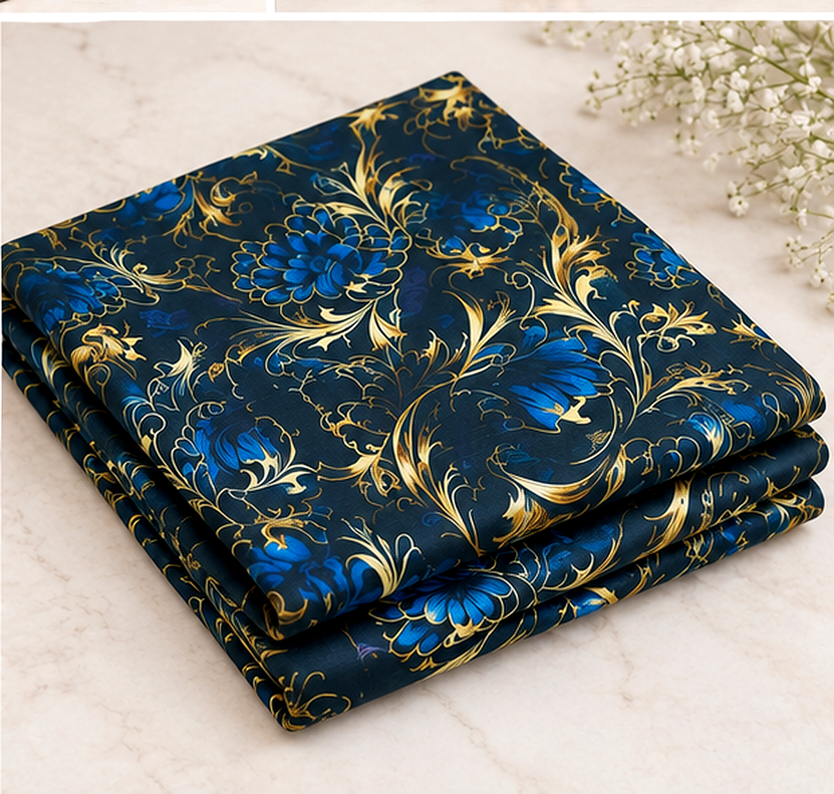 Navy Blue Khaddar 2-Piece Suit with Golden Floral Print – Winter Collection