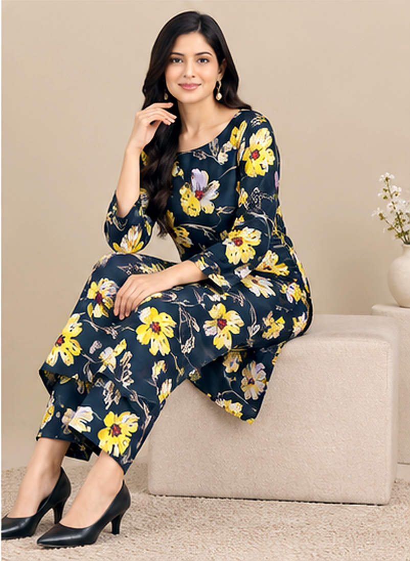 Teal Khaddar 2-Piece Suit with Yellow Floral Print – Winter Collection