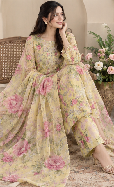 Floral Embroidered Lawn 3-Piece Suit - embroidery closeup