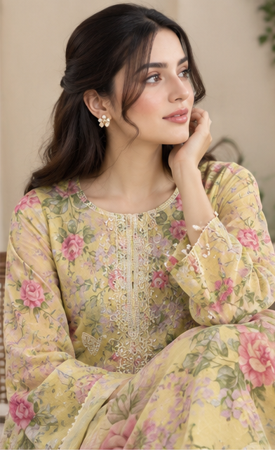 Floral Embroidered Lawn 3-Piece Suit - closeup portrait