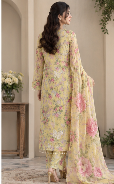 Floral Embroidered Lawn 3-Piece Suit - seated view