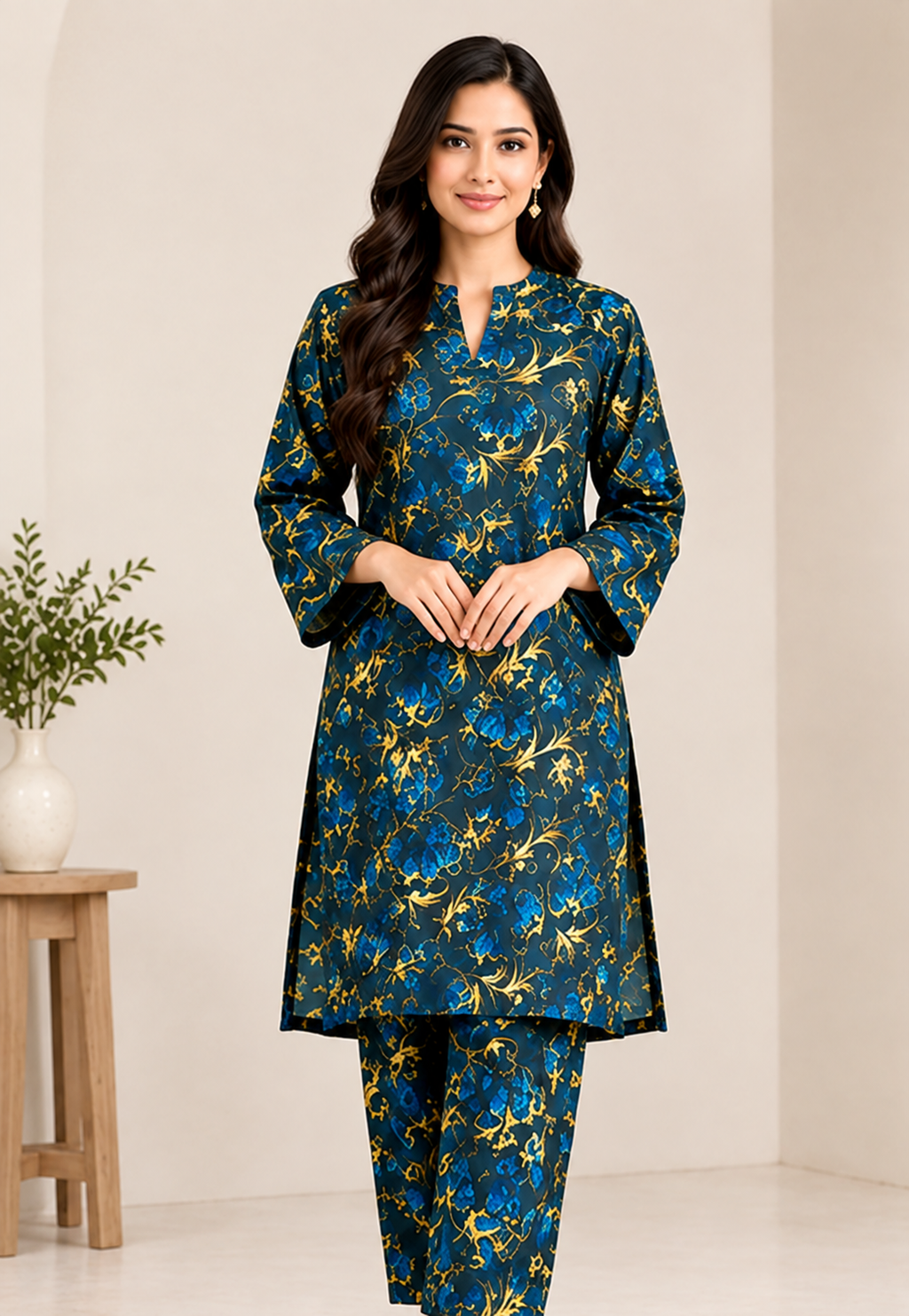 Navy Blue Khaddar 2-Piece Suit with Golden Floral Print – Winter Collection