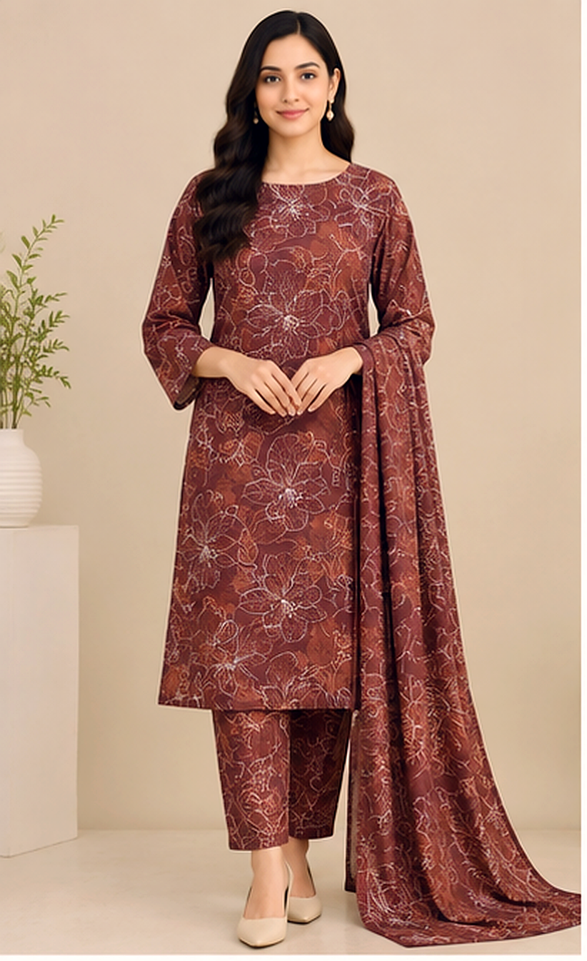 Brown Floral Printed Khaddar 2-Piece Suit – Winter Collection