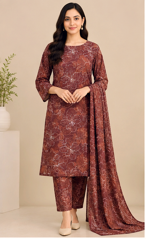 Brown Floral Printed Khaddar 2-Piece Suit – Winter Collection