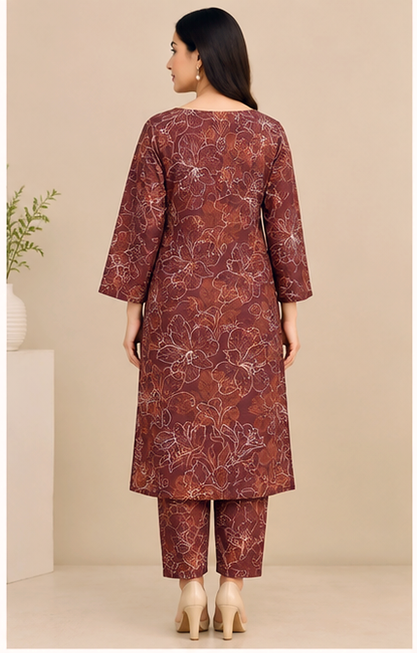 Brown Floral Printed Khaddar 2-Piece Suit – Winter Collection