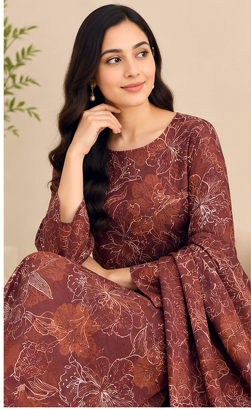Brown Floral Printed Khaddar 2-Piece Suit – Winter Collection