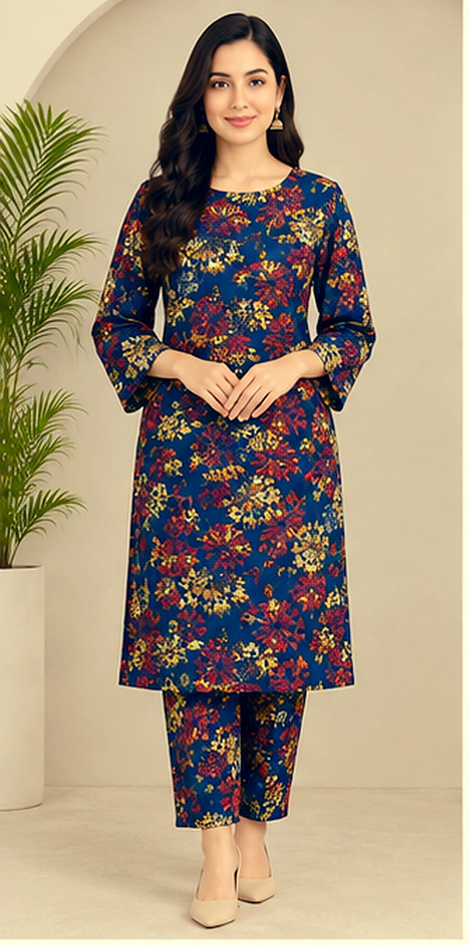 Navy Blue Floral Printed Khaddar 2-Piece Suit – Winter Collection