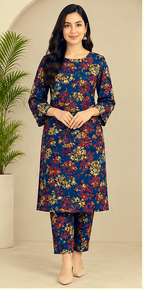 Navy Blue Floral Printed Khaddar 2-Piece Suit – Winter Collection