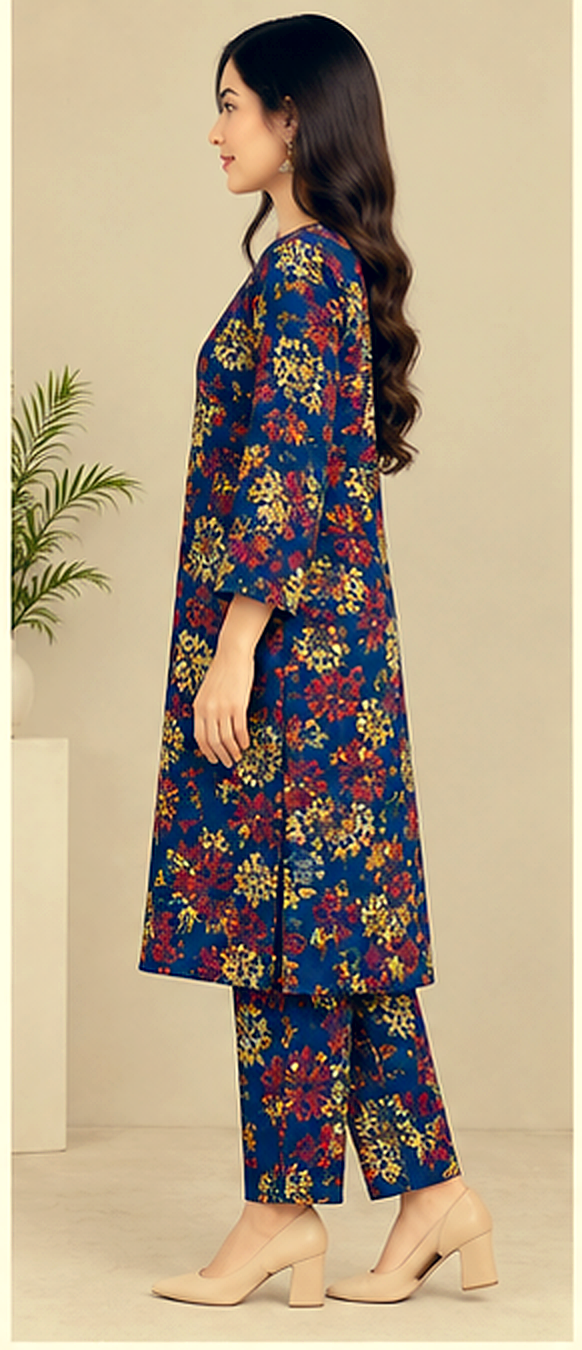 Navy Blue Floral Printed Khaddar 2-Piece Suit – Winter Collection