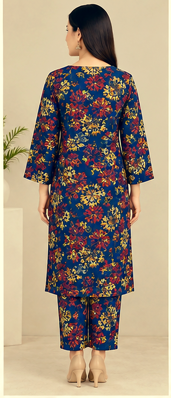 Navy Blue Floral Printed Khaddar 2-Piece Suit – Winter Collection