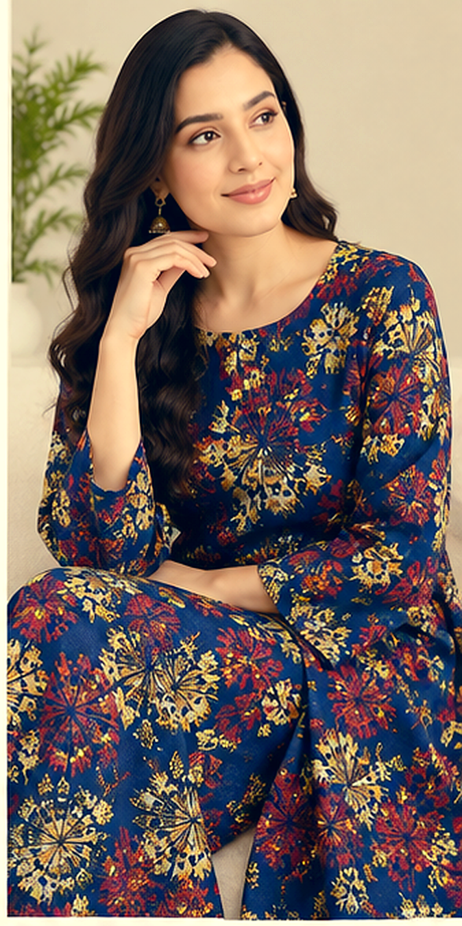 Navy Blue Floral Printed Khaddar 2-Piece Suit – Winter Collection