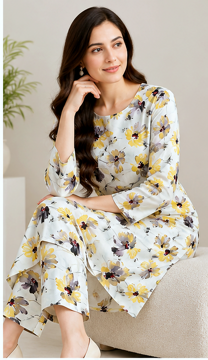 Yellow Floral  Khaddar Printed 2-Piece Suit – Winter Collection
