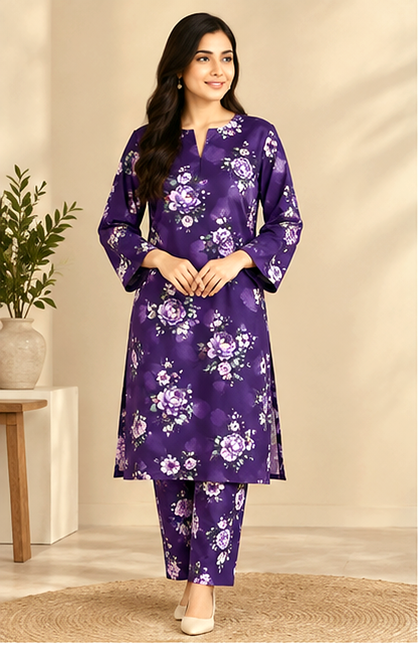 Purple Floral Printed Khaddar 2-Piece Suit – Winter Collection