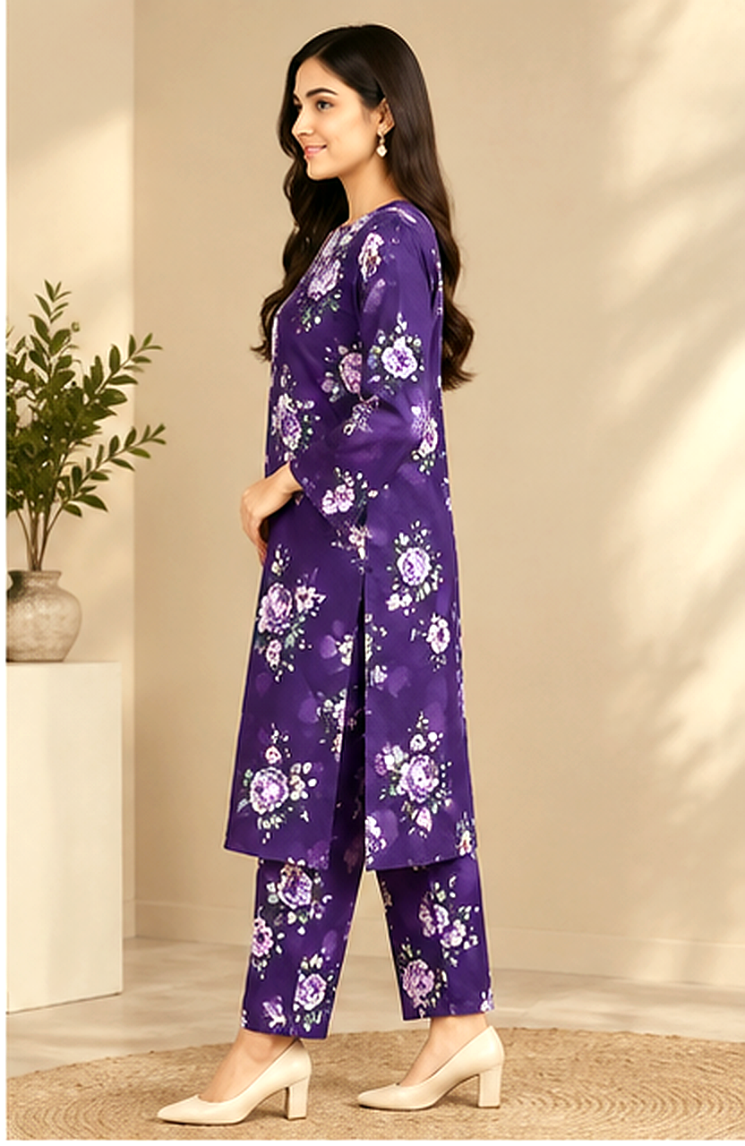 Purple Floral Printed Khaddar 2-Piece Suit – Winter Collection