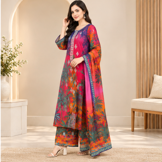Elegant Embroidered Formal 3-Piece Suit with Flowy Chiffon Dupatta – Wedding &amp; Eid Wear