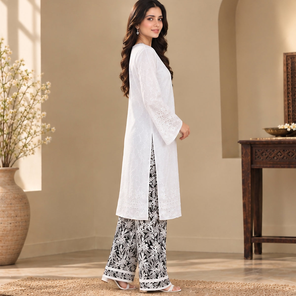 Lavender Embroidered Cotton 2-Piece Suit