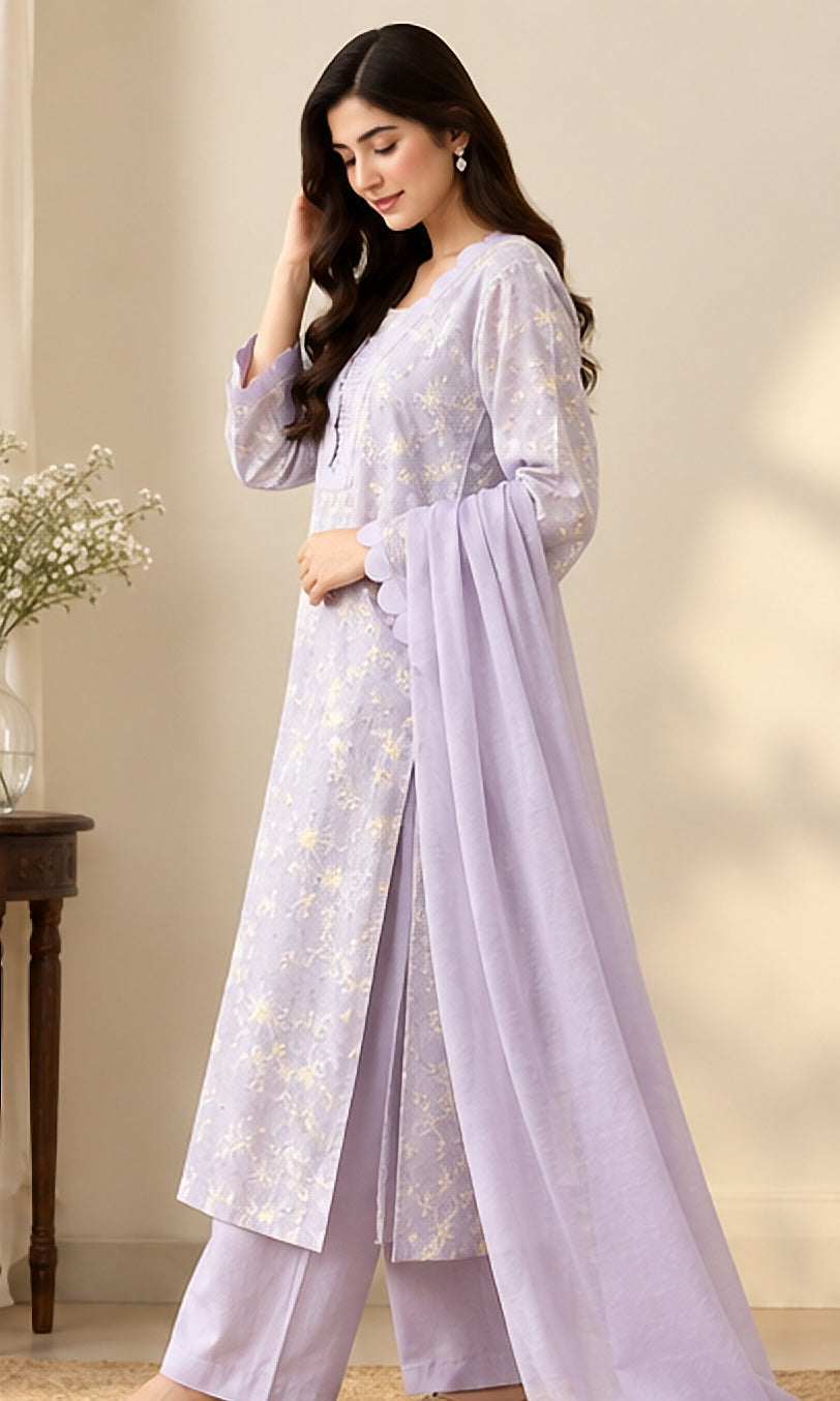 Lavender Embroidered Cotton 2-Piece Suit
